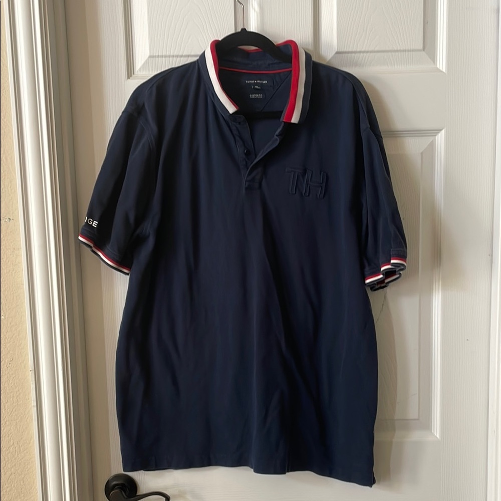 Tommy Hilfiger 100% cotton polo, blue with red and white accents, size xxl